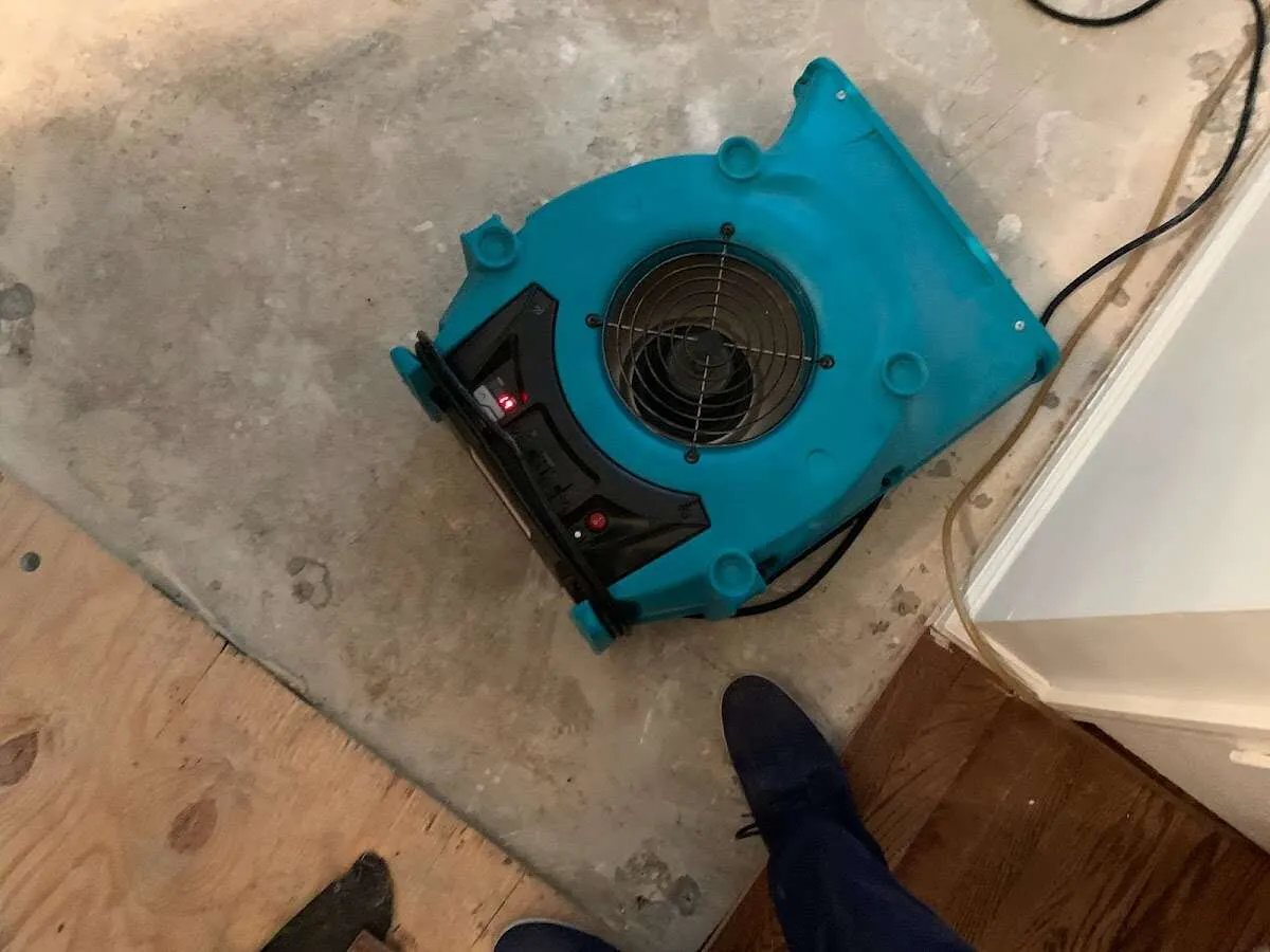 Air mover drying subfloor during Leak Detection & Repair in Coalinga